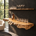 Burl Edge Floating Bar Shelf, Thick Rough Cut Live Edge Solid Wood Wall Shelf for Home Bar Bottles
