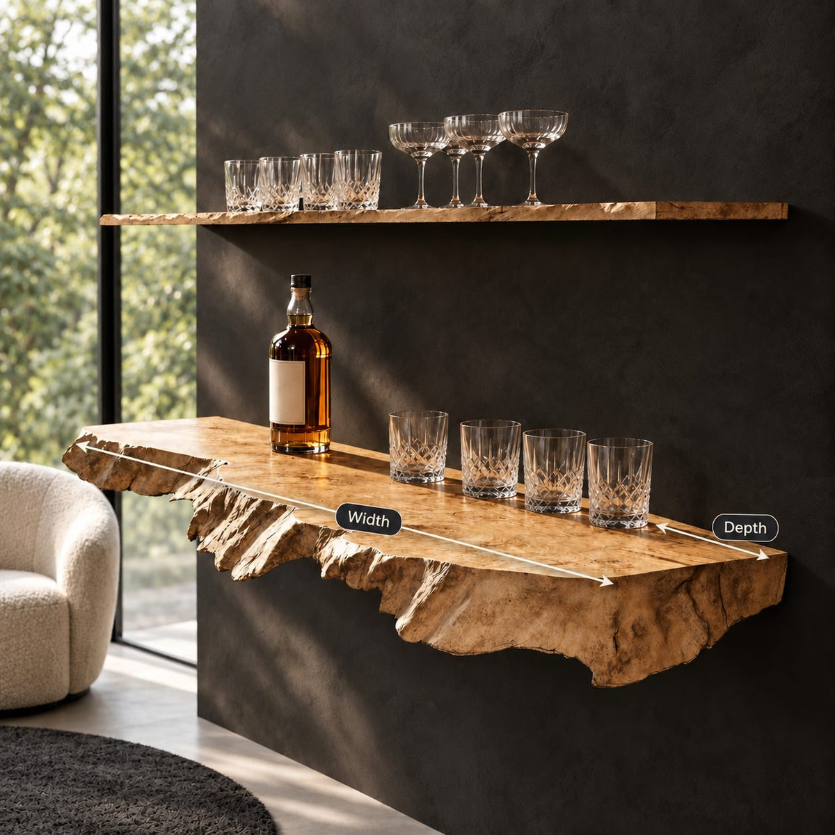 Burl Edge Floating Bar Shelf, Thick Rough Cut Live Edge Solid Wood Wall Shelf for Home Bar Bottles