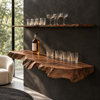 Burl Edge Floating Bar Shelf, Thick Rough Cut Live Edge Solid Wood Wall Shelf for Home Bar Bottles
