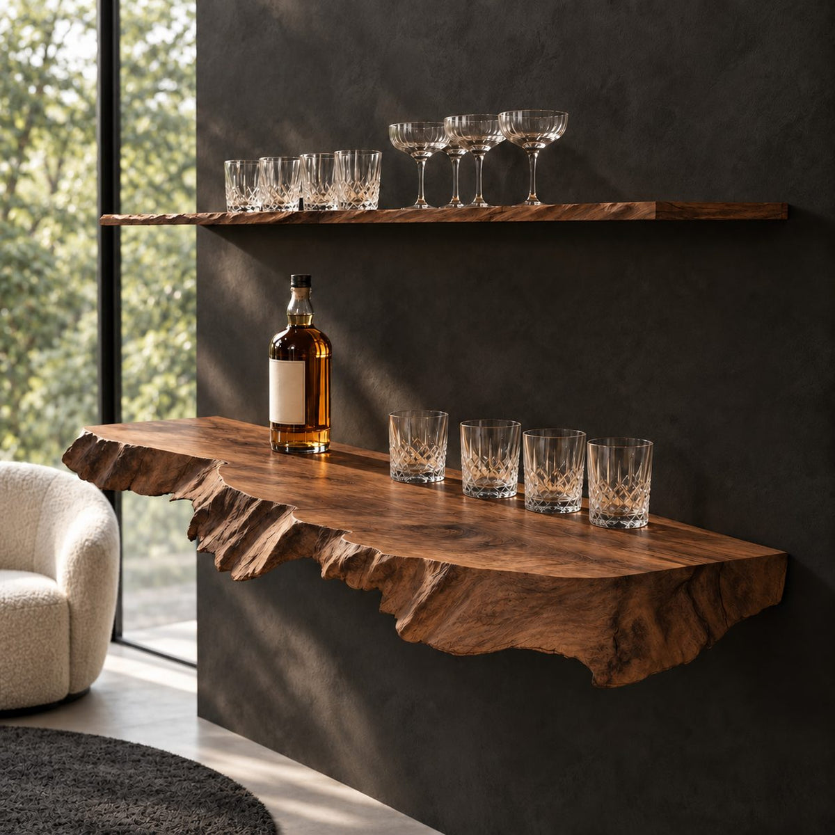 Burl Edge Floating Bar Shelf, Thick Rough Cut Live Edge Solid Wood Wall Shelf for Home Bar Bottles