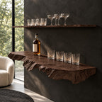 Burl Edge Floating Bar Shelf, Thick Rough Cut Live Edge Solid Wood Wall Shelf for Home Bar Bottles