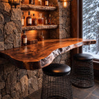 Wall Mounted Bar Counter Slab with Wavy Live Edge, Solid Wood Floating Bar Shelf for Home Bar Seating