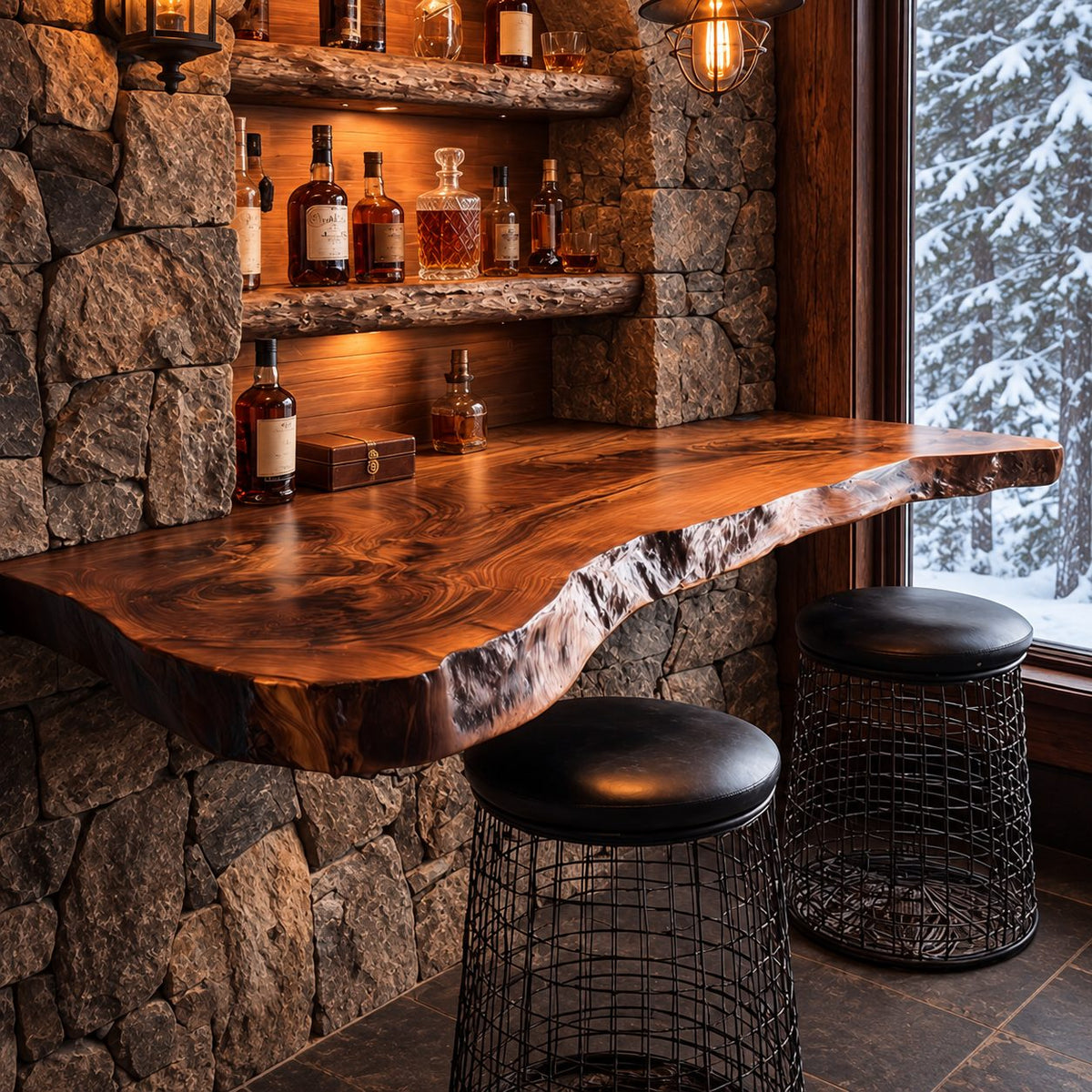 Wall Mounted Bar Counter Slab with Wavy Live Edge, Solid Wood Floating Bar Shelf for Home Bar Seating