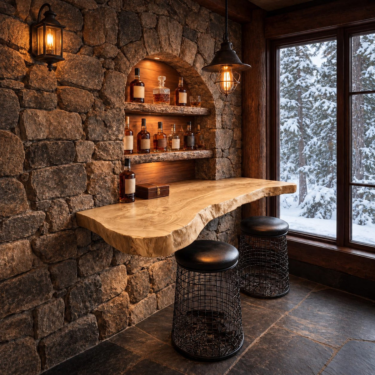 Wall Mounted Bar Counter Slab with Wavy Live Edge, Solid Wood Floating Bar Shelf for Home Bar Seating