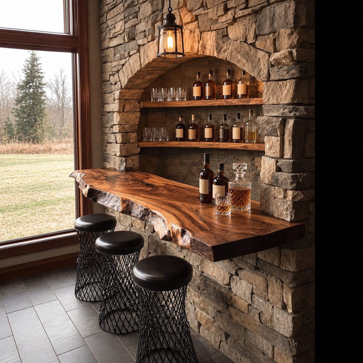 Long Live Edge Bar Ledge for Window Walls, Solid Wood Floating Bar Counter Shelf with Natural Edge