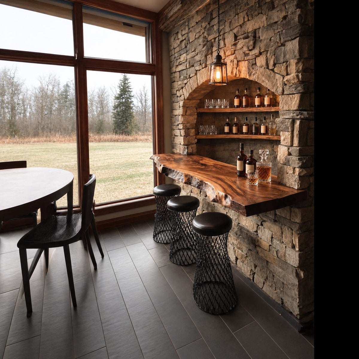 Long Live Edge Bar Ledge for Window Walls, Solid Wood Floating Bar Counter Shelf with Natural Edge