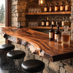 Long Live Edge Bar Ledge for Window Walls, Solid Wood Floating Bar Counter Shelf with Natural Edge