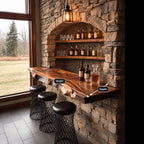 Long Live Edge Bar Ledge for Window Walls, Solid Wood Floating Bar Counter Shelf with Natural Edge