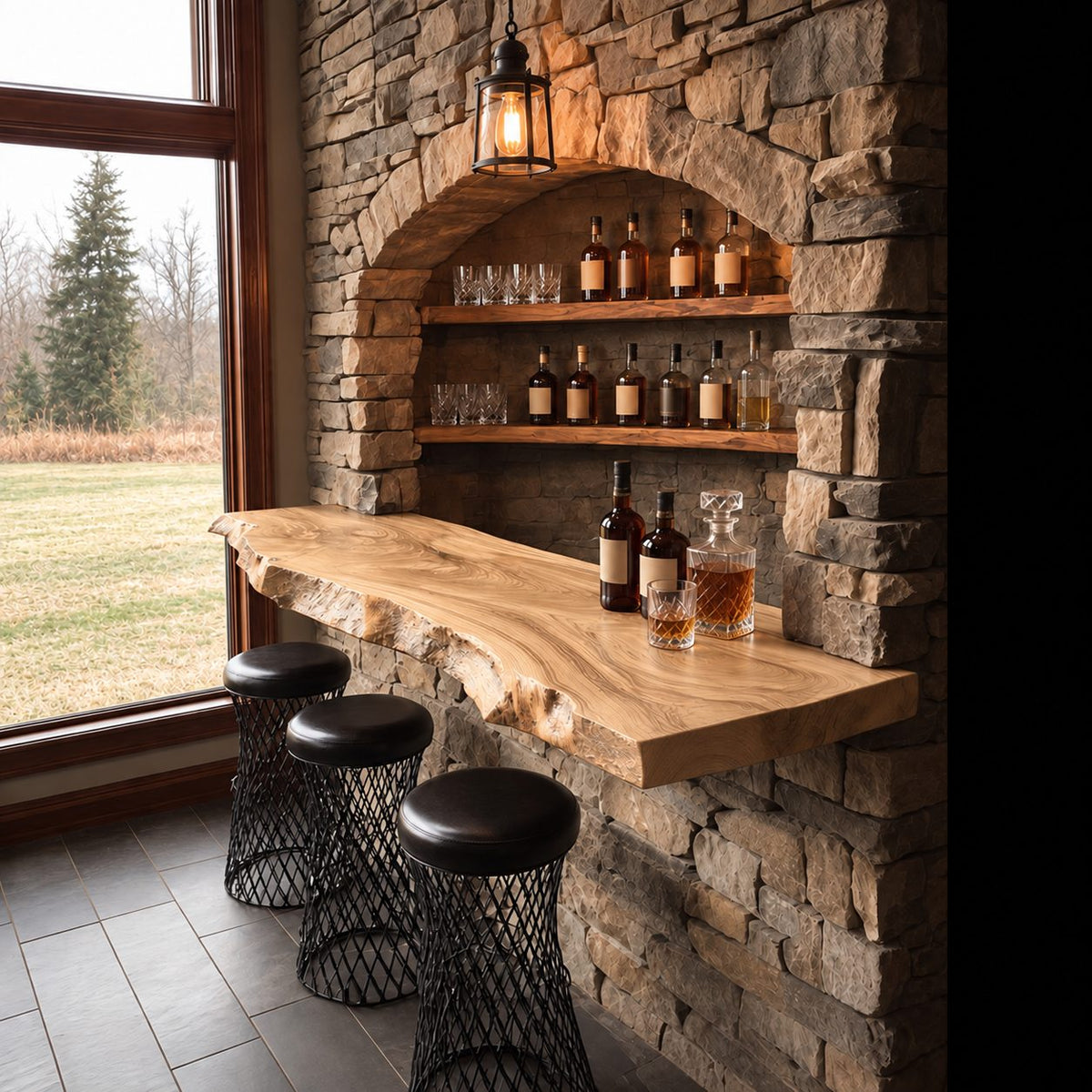 Long Live Edge Bar Ledge for Window Walls, Solid Wood Floating Bar Counter Shelf with Natural Edge