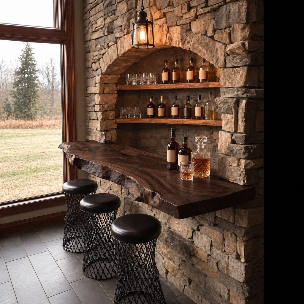 Long Live Edge Bar Ledge for Window Walls, Solid Wood Floating Bar Counter Shelf with Natural Edge