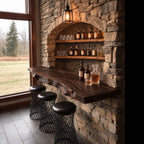 Long Live Edge Bar Ledge for Window Walls, Solid Wood Floating Bar Counter Shelf with Natural Edge
