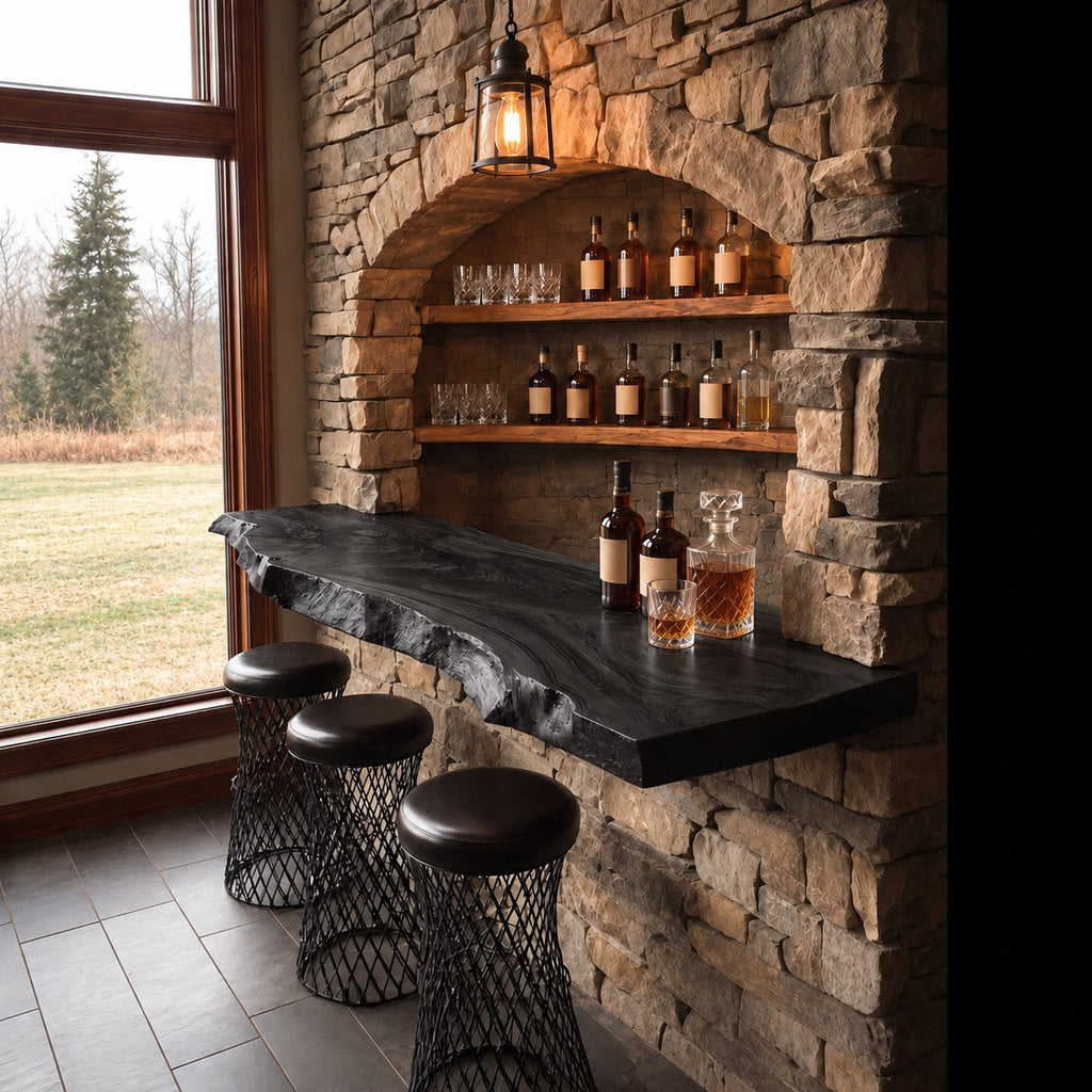Long Live Edge Bar Ledge for Window Walls, Solid Wood Floating Bar Counter Shelf with Natural Edge