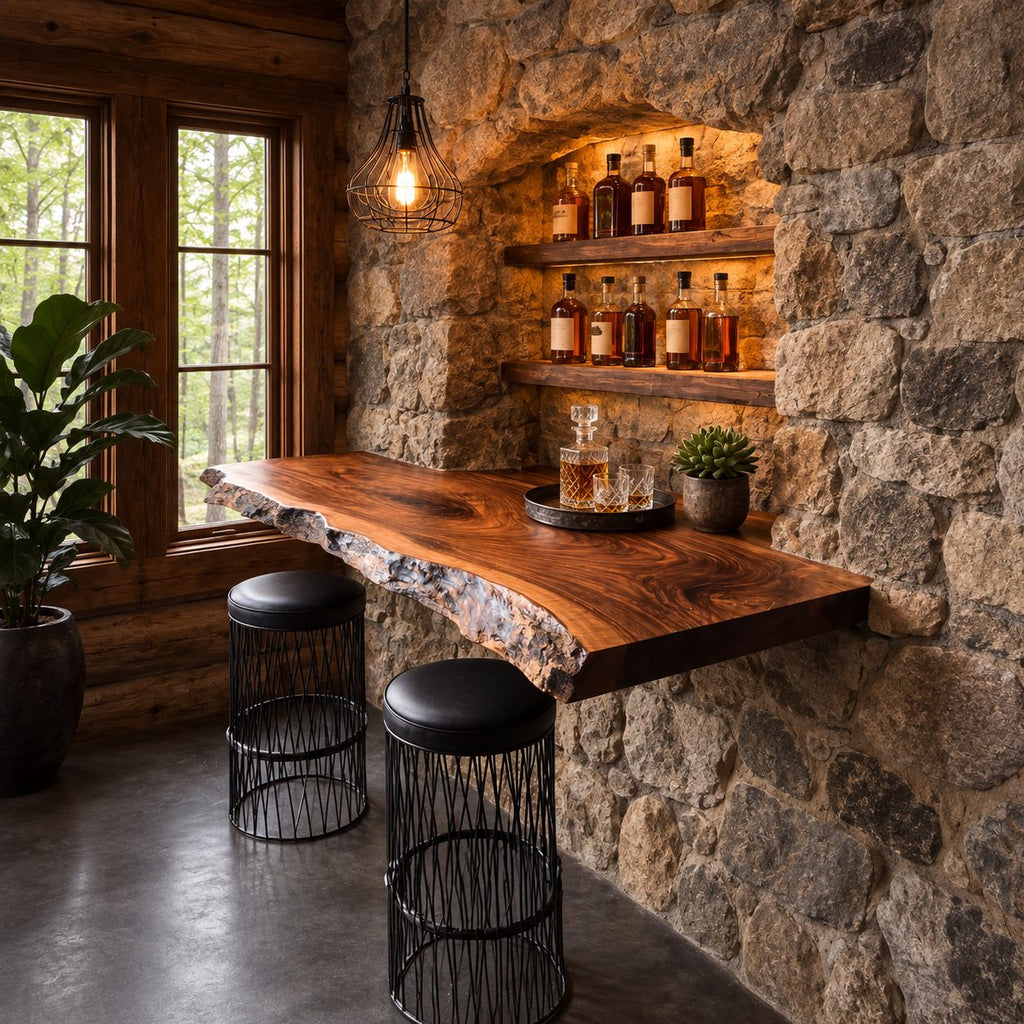 Deep Floating Bar Top with Swirling Grain and Natural Live Edge, Solid Wood Wall Bar Shelf for Stools