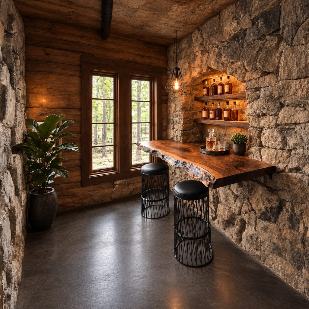 Deep Floating Bar Top with Swirling Grain and Natural Live Edge, Solid Wood Wall Bar Shelf for Stools