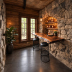 Deep Floating Bar Top with Swirling Grain and Natural Live Edge, Solid Wood Wall Bar Shelf for Stools
