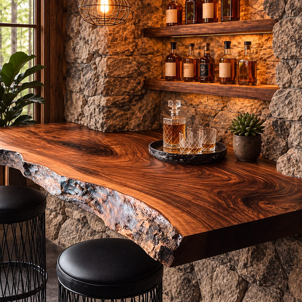 Deep Floating Bar Top with Swirling Grain and Natural Live Edge, Solid Wood Wall Bar Shelf for Stools