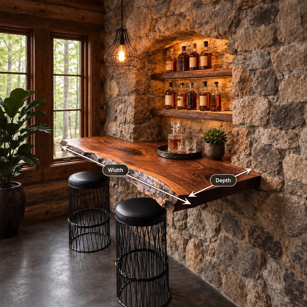Deep Floating Bar Top with Swirling Grain and Natural Live Edge, Solid Wood Wall Bar Shelf for Stools