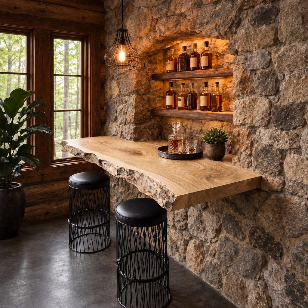 Deep Floating Bar Top with Swirling Grain and Natural Live Edge, Solid Wood Wall Bar Shelf for Stools