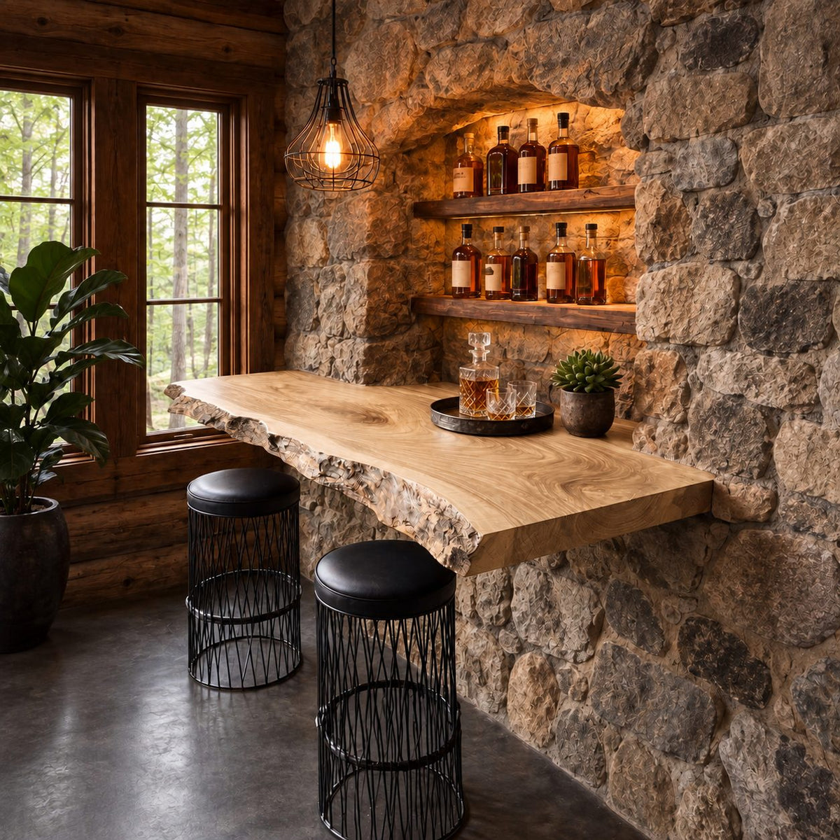 Deep Floating Bar Top with Swirling Grain and Natural Live Edge, Solid Wood Wall Bar Shelf for Stools