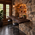 Deep Floating Bar Top with Swirling Grain and Natural Live Edge, Solid Wood Wall Bar Shelf for Stools