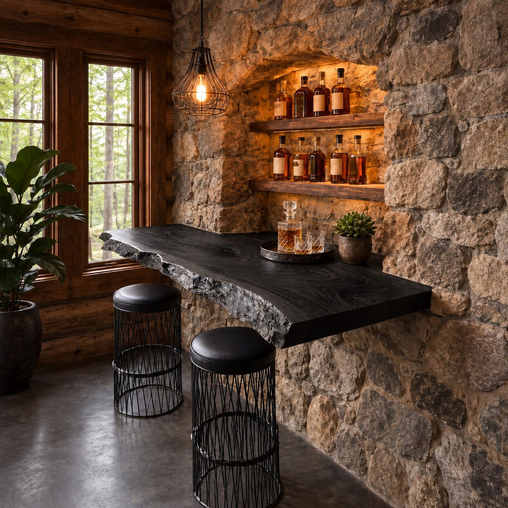 Deep Floating Bar Top with Swirling Grain and Natural Live Edge, Solid Wood Wall Bar Shelf for Stools