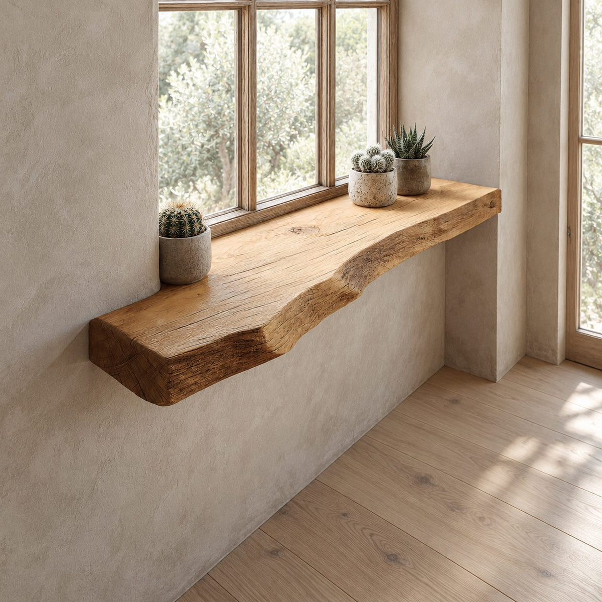 Window Sill Shelf with Thick Live Edge Front, Rustic Solid Wood Floating Ledge for Plants and Decor