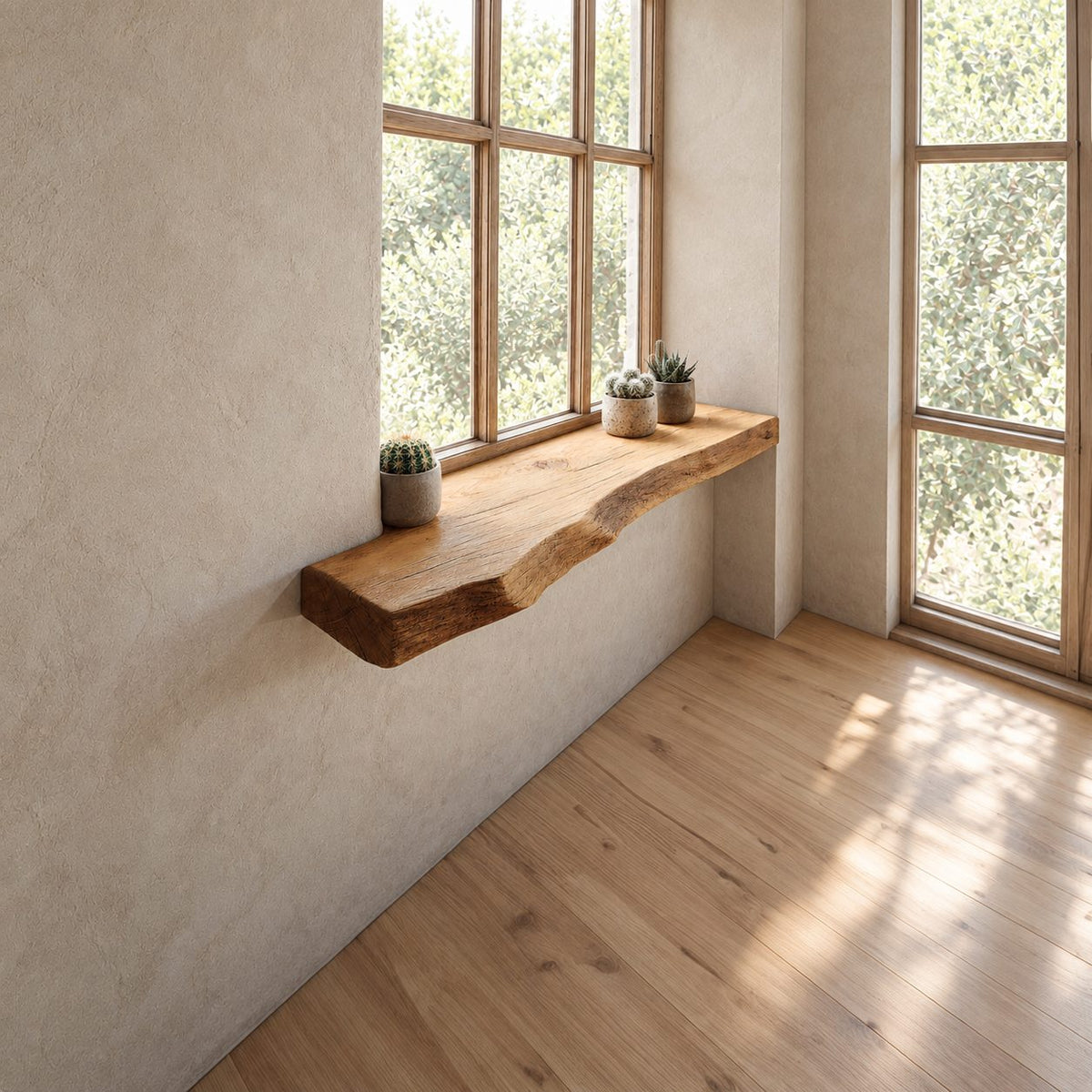 Window Sill Shelf with Thick Live Edge Front, Rustic Solid Wood Floating Ledge for Plants and Decor