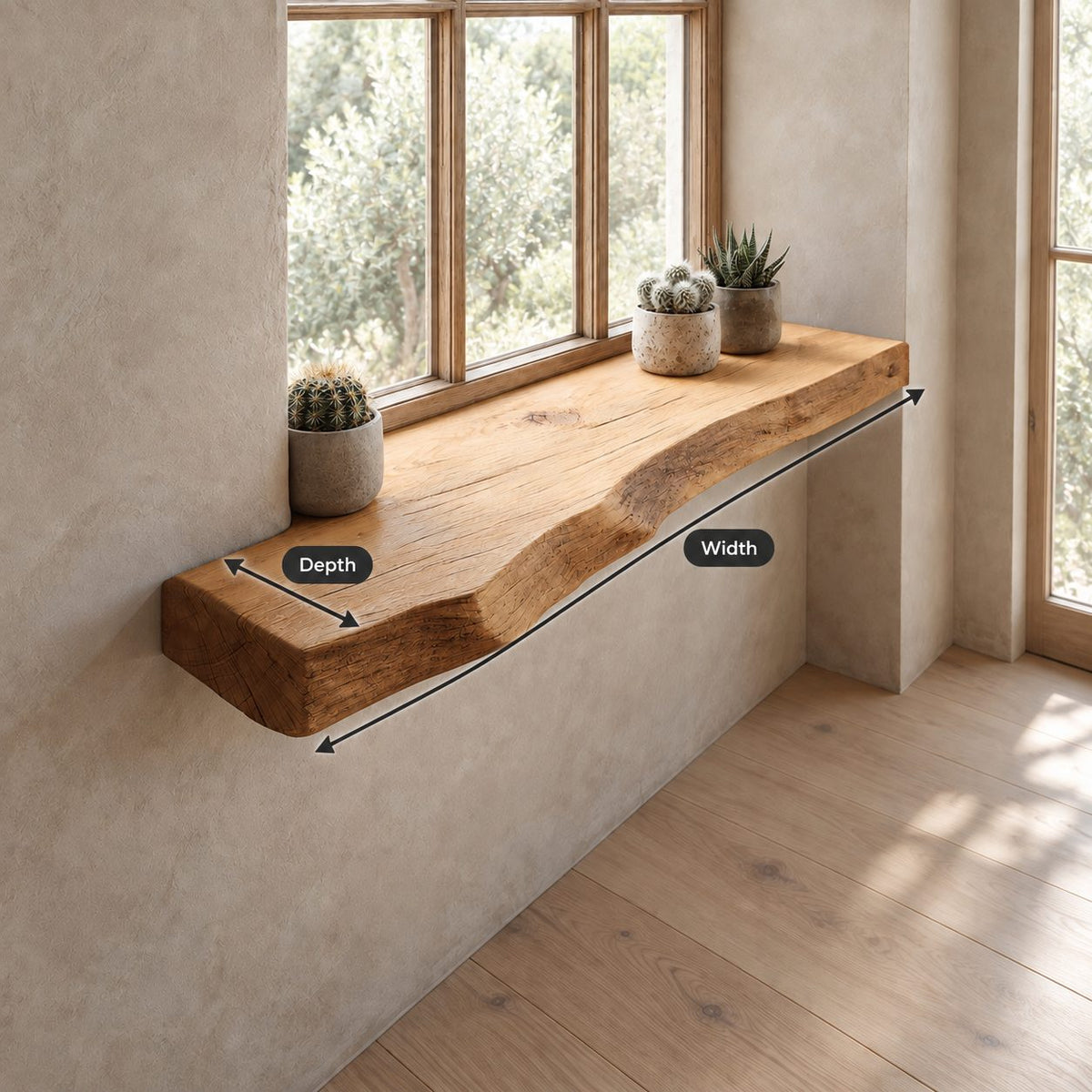 Window Sill Shelf with Thick Live Edge Front, Rustic Solid Wood Floating Ledge for Plants and Decor