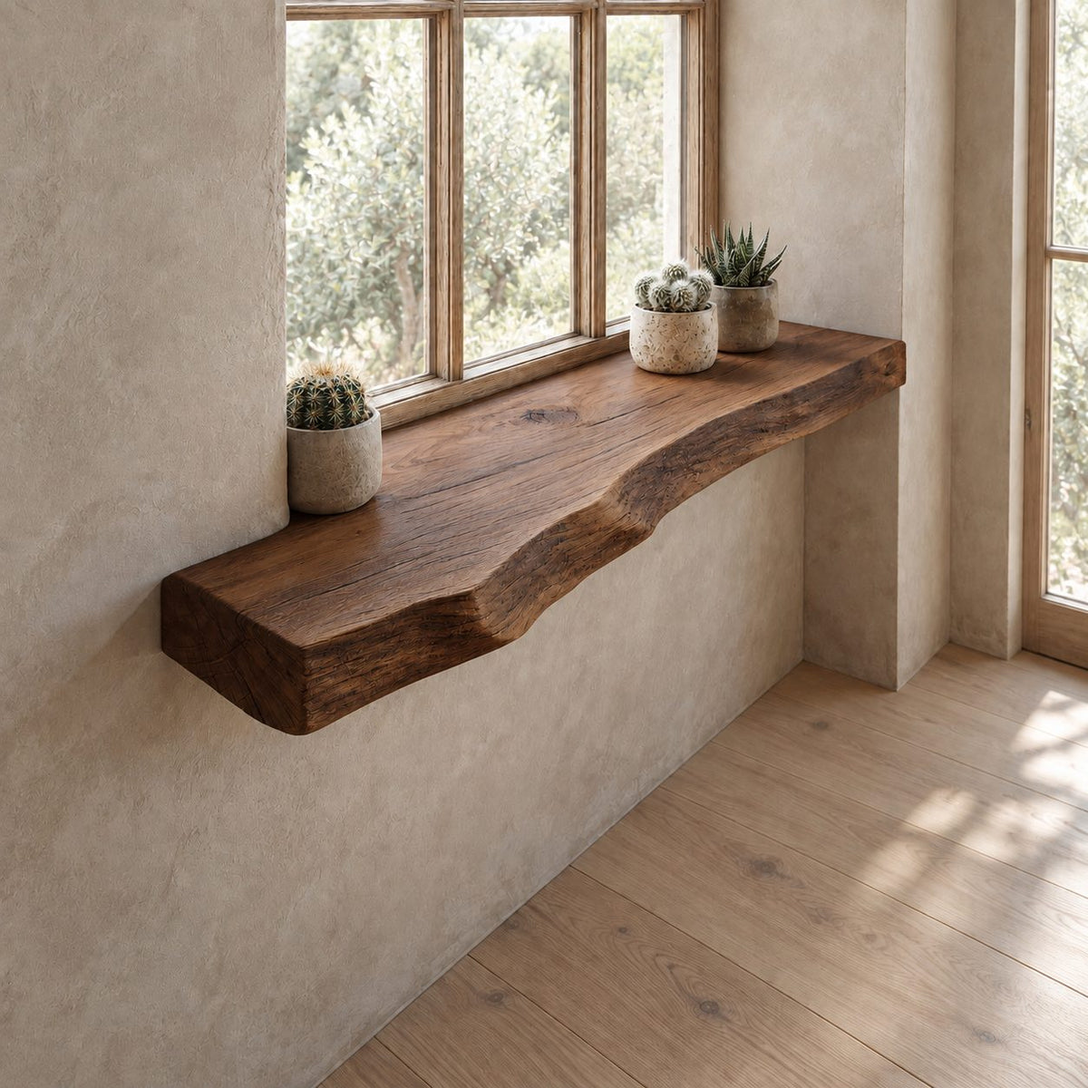 Window Sill Shelf with Thick Live Edge Front, Rustic Solid Wood Floating Ledge for Plants and Decor