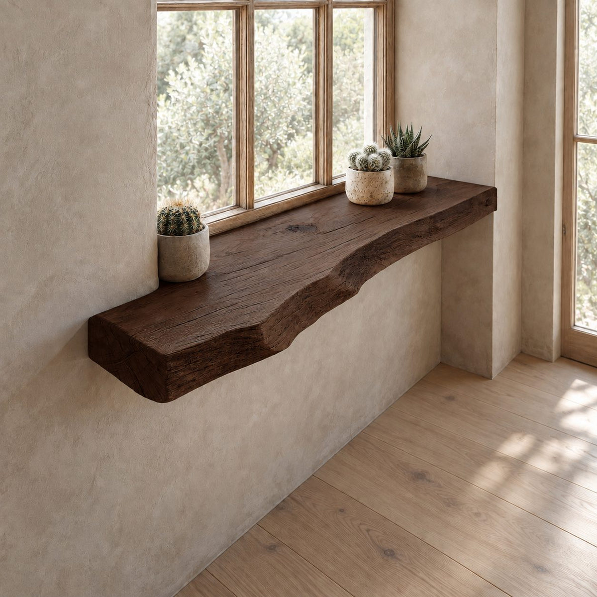 Window Sill Shelf with Thick Live Edge Front, Rustic Solid Wood Floating Ledge for Plants and Decor