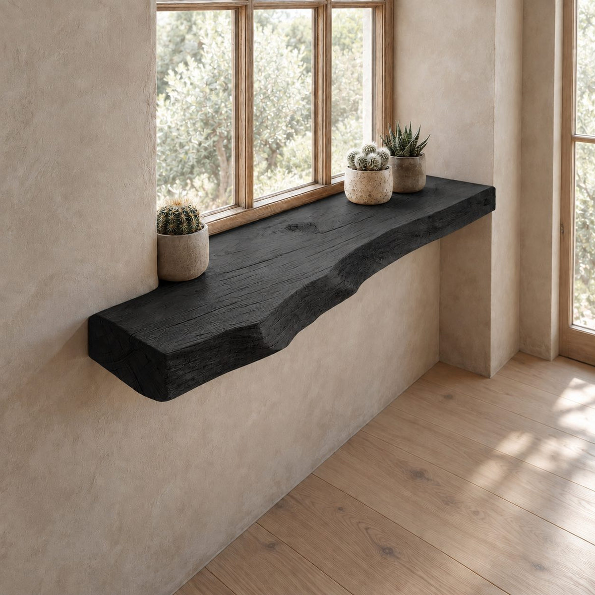Window Sill Shelf with Thick Live Edge Front, Rustic Solid Wood Floating Ledge for Plants and Decor