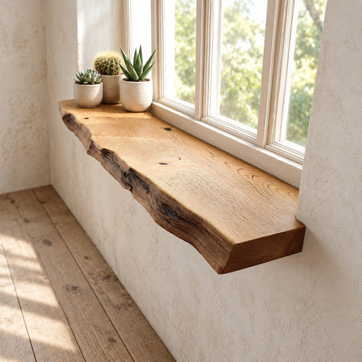 Window Ledge Shelf with Knotty Live Edge, Solid Wood Floating Window Sill for Kitchen and Entryway
