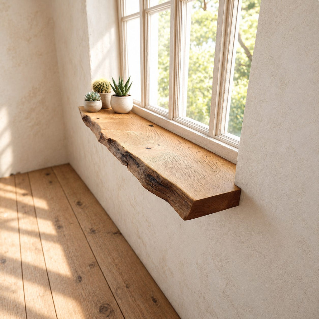 Window Ledge Shelf with Knotty Live Edge, Solid Wood Floating Window Sill for Kitchen and Entryway