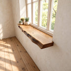 Window Ledge Shelf with Knotty Live Edge, Solid Wood Floating Window Sill for Kitchen and Entryway