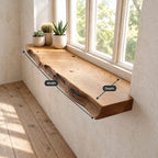 Window Ledge Shelf with Knotty Live Edge, Solid Wood Floating Window Sill for Kitchen and Entryway