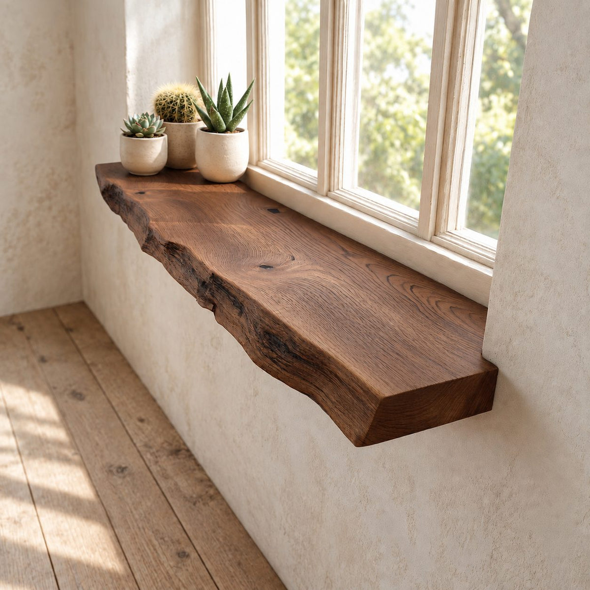 Window Ledge Shelf with Knotty Live Edge, Solid Wood Floating Window Sill for Kitchen and Entryway