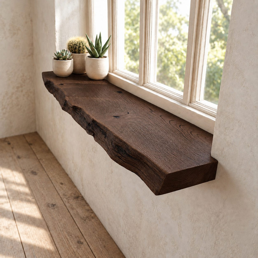 Window Ledge Shelf with Knotty Live Edge, Solid Wood Floating Window Sill for Kitchen and Entryway