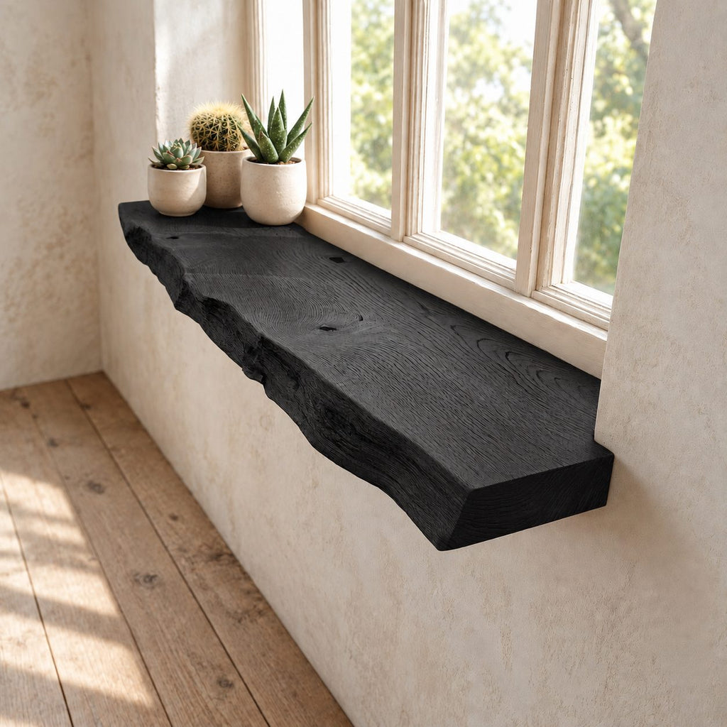 Window Ledge Shelf with Knotty Live Edge, Solid Wood Floating Window Sill for Kitchen and Entryway