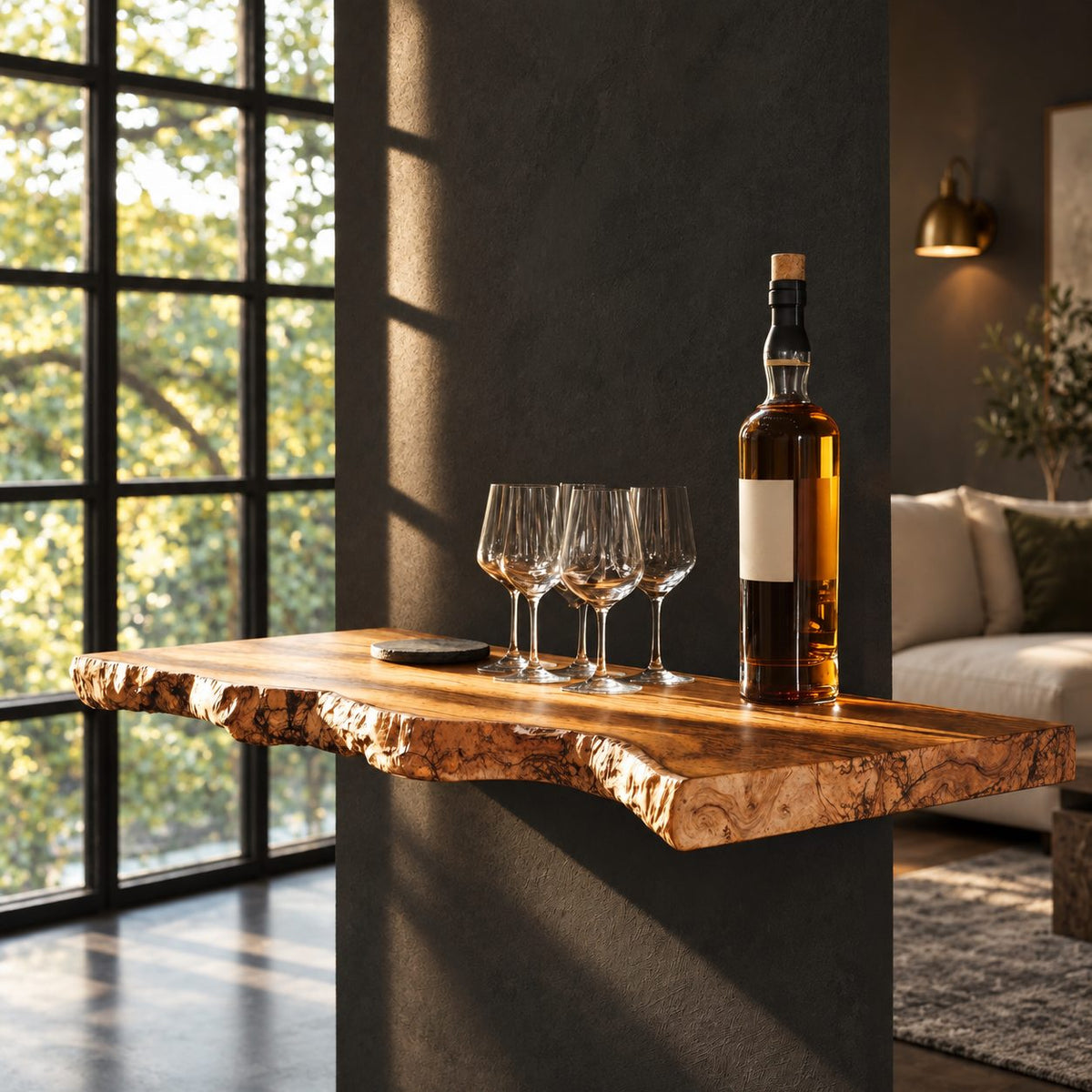 Chunky Burl Floating Bar Shelf with Sculpted Live Edge Underside, Solid Wood Wall Shelf for Home Bars