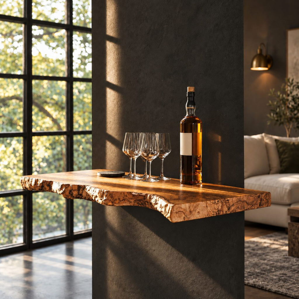 Chunky Burl Floating Bar Shelf with Sculpted Live Edge Underside, Solid Wood Wall Shelf for Home Bars