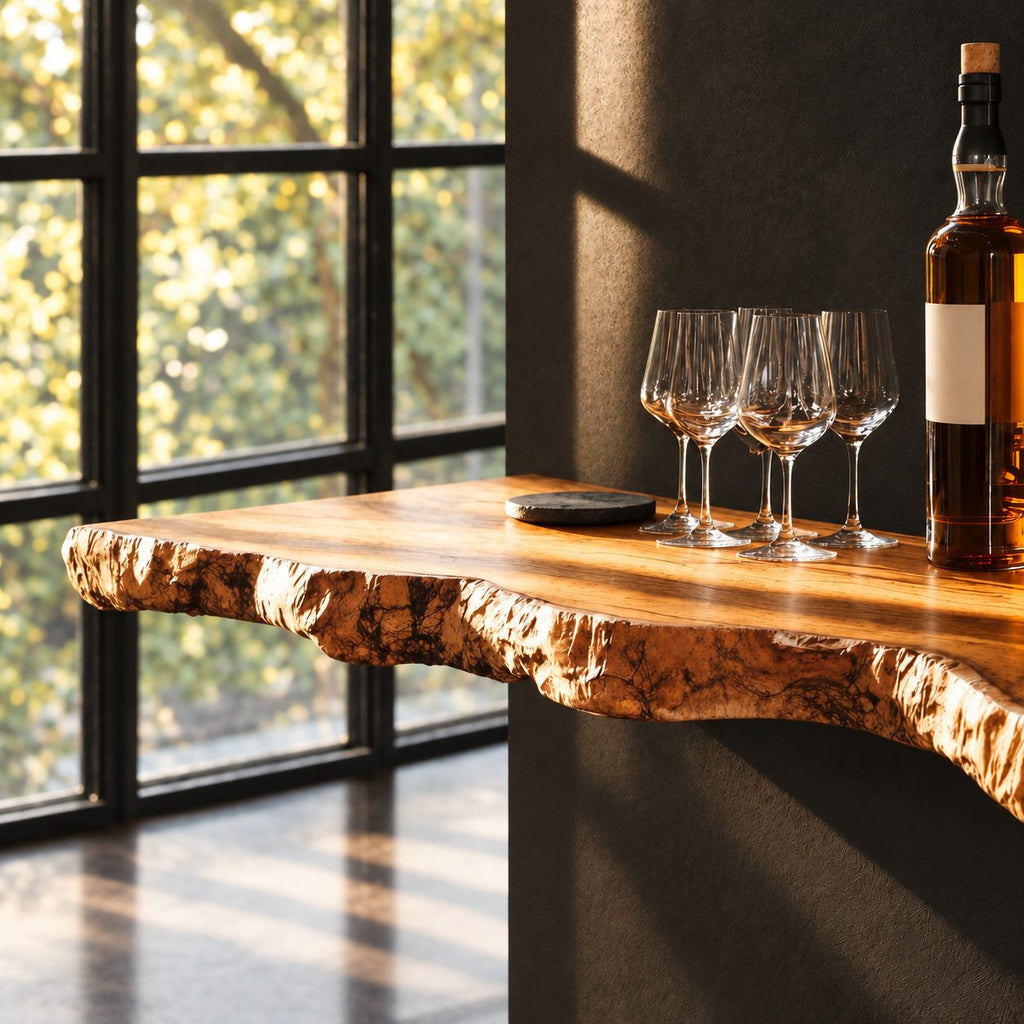 Chunky Burl Floating Bar Shelf with Sculpted Live Edge Underside, Solid Wood Wall Shelf for Home Bars