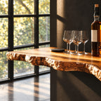Chunky Burl Floating Bar Shelf with Sculpted Live Edge Underside, Solid Wood Wall Shelf for Home Bars