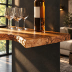 Chunky Burl Floating Bar Shelf with Sculpted Live Edge Underside, Solid Wood Wall Shelf for Home Bars
