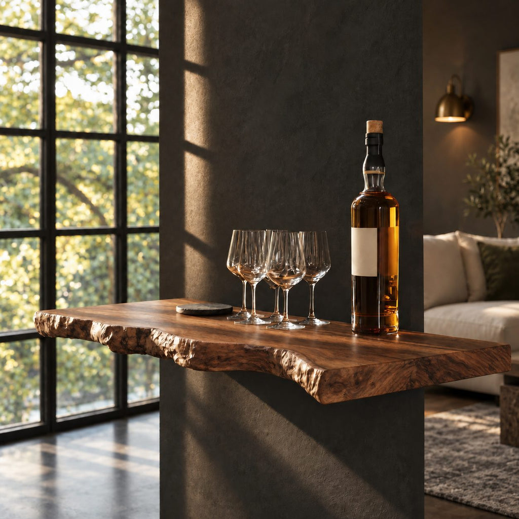 Chunky Burl Floating Bar Shelf with Sculpted Live Edge Underside, Solid Wood Wall Shelf for Home Bars