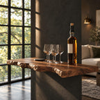Chunky Burl Floating Bar Shelf with Sculpted Live Edge Underside, Solid Wood Wall Shelf for Home Bars