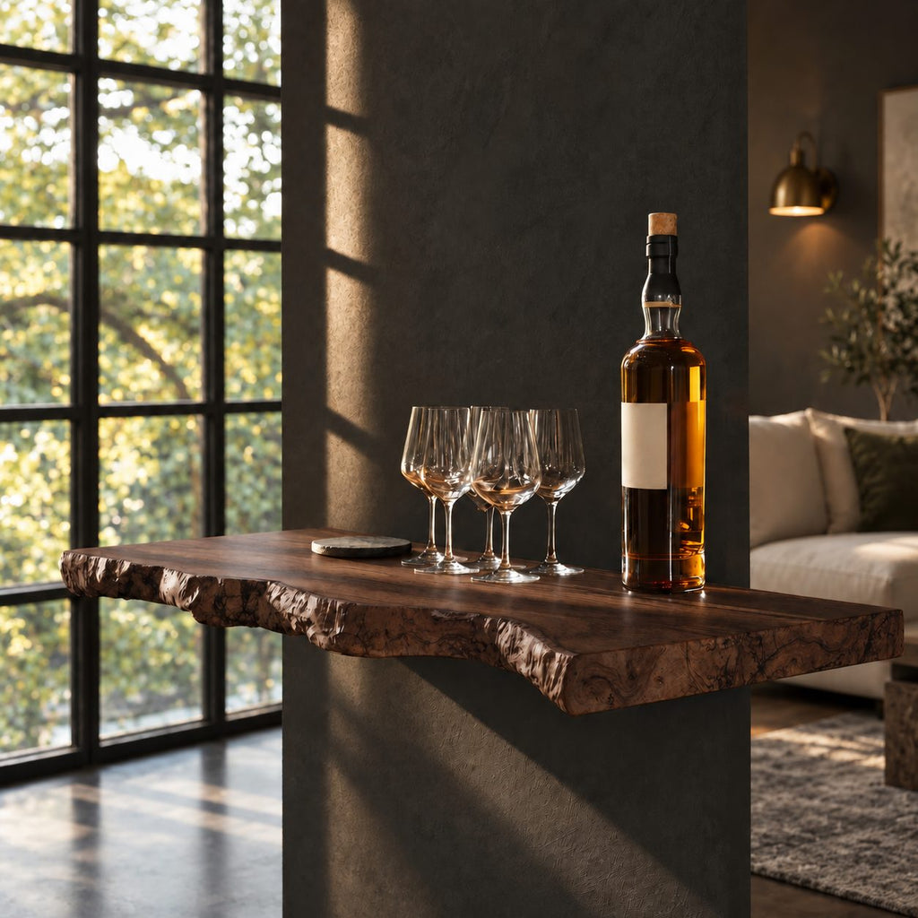 Chunky Burl Floating Bar Shelf with Sculpted Live Edge Underside, Solid Wood Wall Shelf for Home Bars