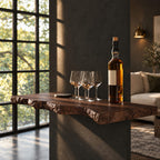 Chunky Burl Floating Bar Shelf with Sculpted Live Edge Underside, Solid Wood Wall Shelf for Home Bars
