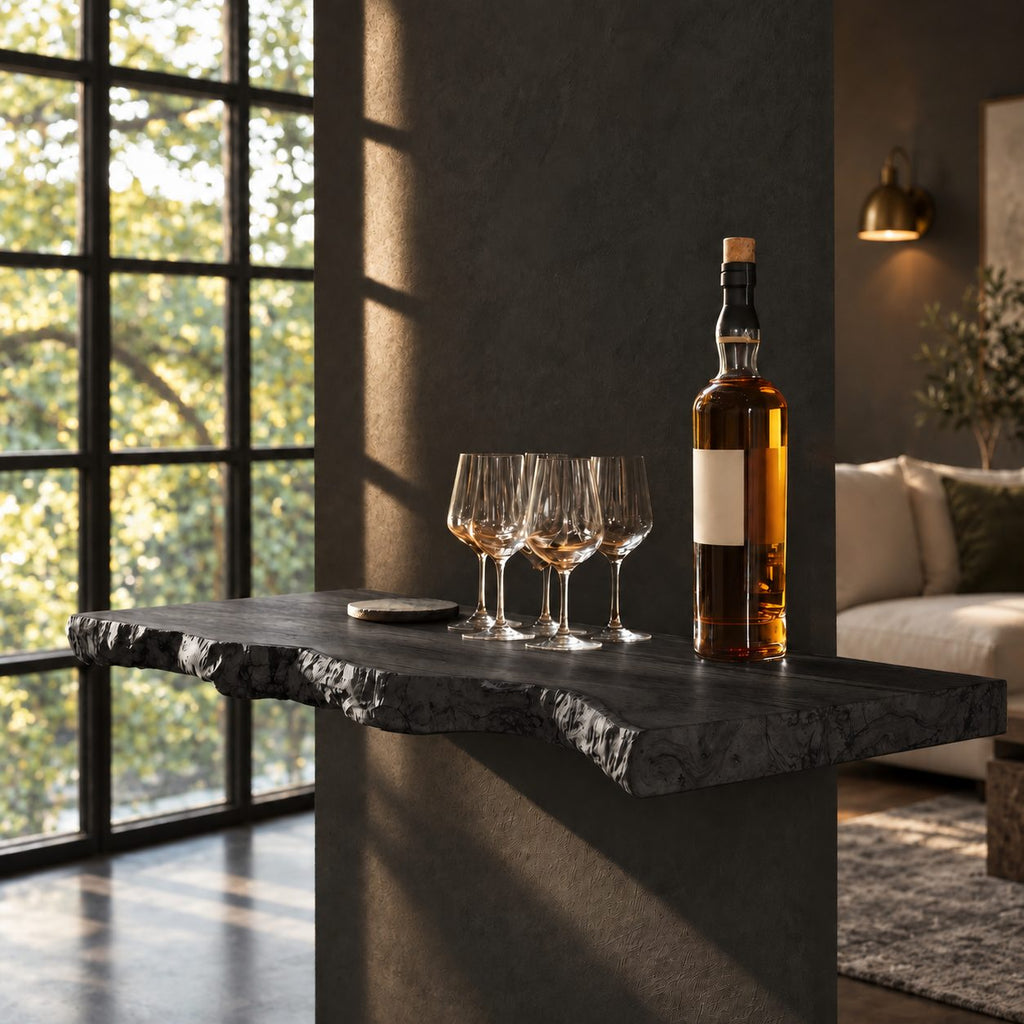 Chunky Burl Floating Bar Shelf with Sculpted Live Edge Underside, Solid Wood Wall Shelf for Home Bars