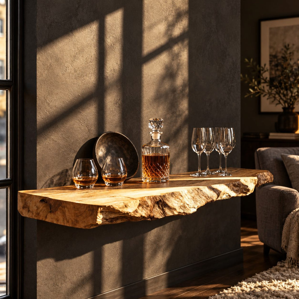 Rugged Natural Edge Floating Bar Shelf, Thick Solid Wood Slab Wall Shelf for Home Bar and Lounge