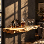 Rugged Natural Edge Floating Bar Shelf, Thick Solid Wood Slab Wall Shelf for Home Bar and Lounge